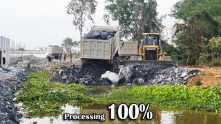 Complete 100% Processing 60m Road Widening By Dozer And Dump Trucks Unloading Stone - YouTube