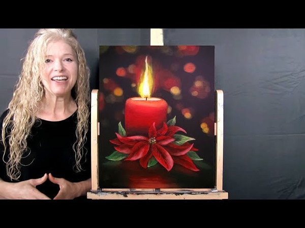 Learn How to Paint with Acrylics CANDLE LIT POINSETTIA Easy Art Tutorial Paint and Sip at