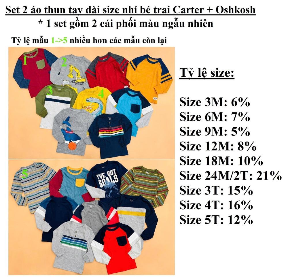 Set 2 áo thun tay dài size nhí  bé trai Carter + Oshkosh, size 3M - 5T. Việt Nam xuất xịn