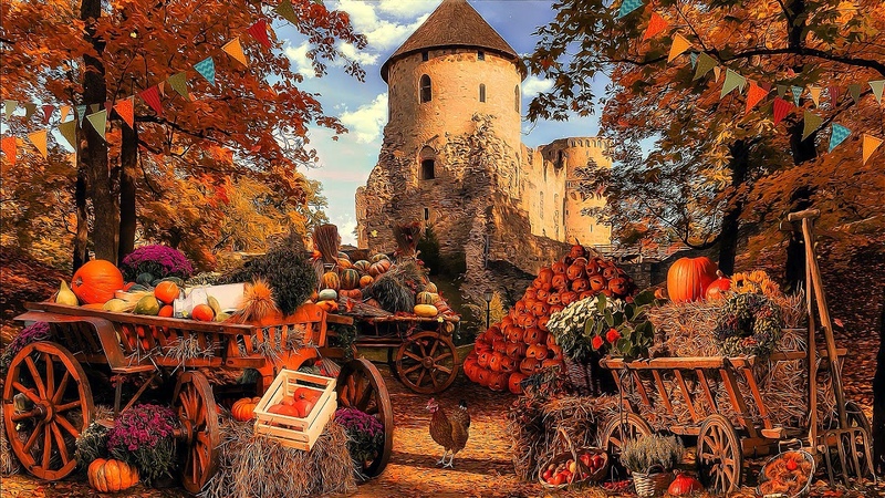Medieval Autumn Market Ambience ASMR Busy People Chatter, Wooden Carriages, Roosters,